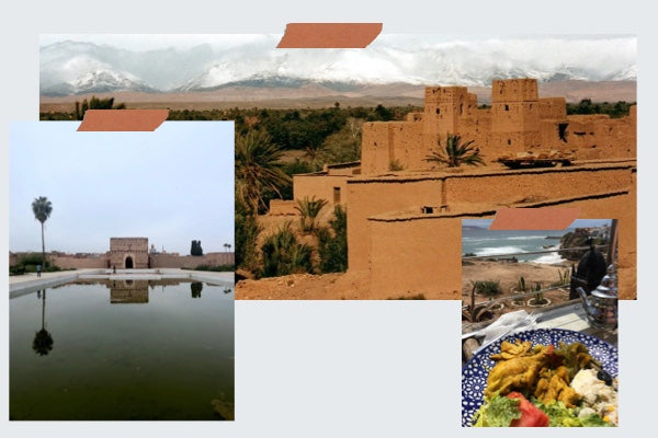 Collage of images from Stefan's travels in Morocco showing the ancient ruins, and intricate mosque, and a meal of chicken and rice by the sea.