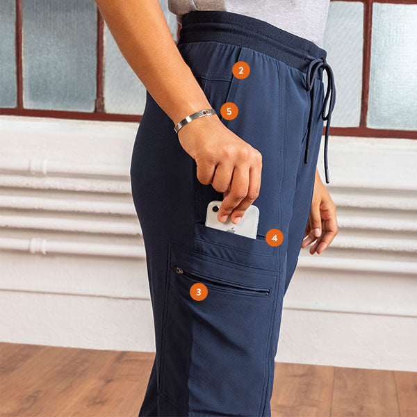 Naha Women's Navy Jogger with front and side pocket detail.