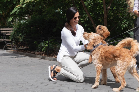 Palma chinos worn with a white tee shirt at a dog part in the spring.