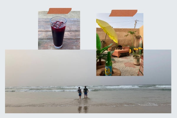 Collage of images from Stefan's travels in Senegal showing two silhouettes walking along the sea, a hibiscus drink, and a colorful outdoor courtyard.