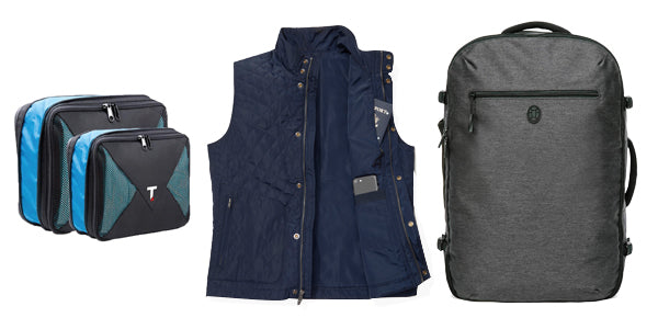 Packing cubes, our Horizon Quilted Vest, and the Tortuga Setout backpack.
