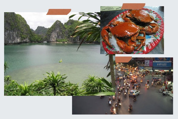 Collage of images from Stefan's travels in Vietnam showing fresh crab, busy intersections, and an idyllic mountain and ocean scene.