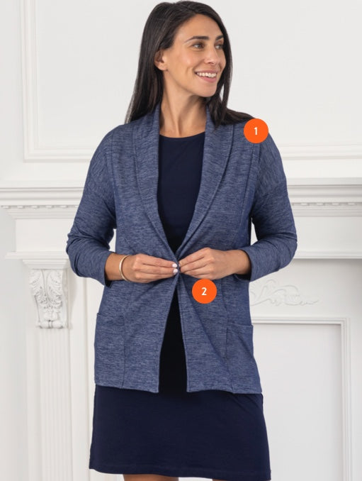 Closeup showing rolled shawl collar and drop dolman shoulder with one button front closure