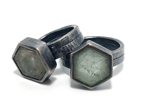 Aquamarine wedding rings.  Handmade by Alex Lozier Jewelry