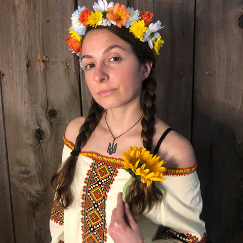 Traditional Ukrainian clothing with flower crown + Tryzub pendant necklace