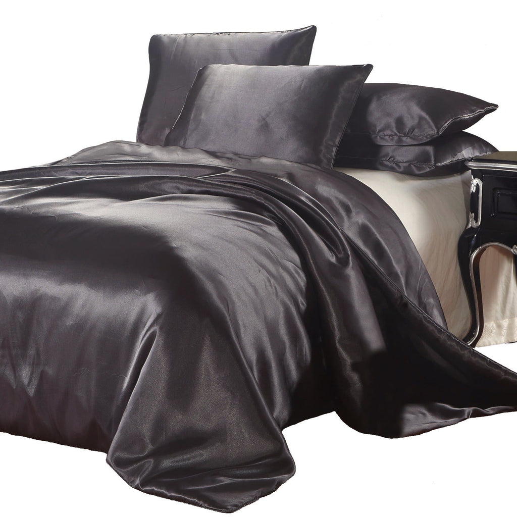 Satin Quilt Cover Charcoal Dark Grey Ivory Deene Ivory