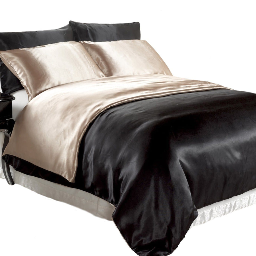 Satin Quilt Cover Black Champagne Reversible Ivory Deene