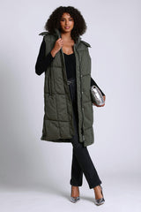 utility olive green long puffer vest with hood by Avec Les Filles