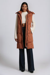 cedar brown puffer vest long length with hoody