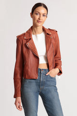 Red figure flattering genuine leather cropped biker jacket coat outerwear for women by Avec Les Filles