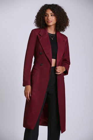 ladies dark red long belted trench coat for Valetine outfit or gift