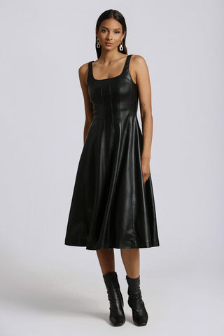 black faux ever leather fit n flare midi dress for ladies