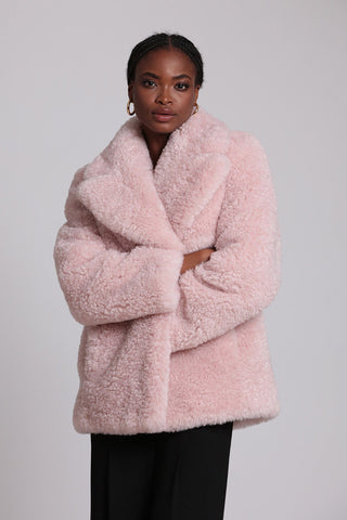 womens light pink faux fur jacket coat for Valentines day outfit by Avec Les Filles