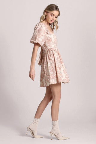 pretty dusty pink & cream baroque paisley linen blend mini babydoll dress - cute party dresses Avec Les Filles