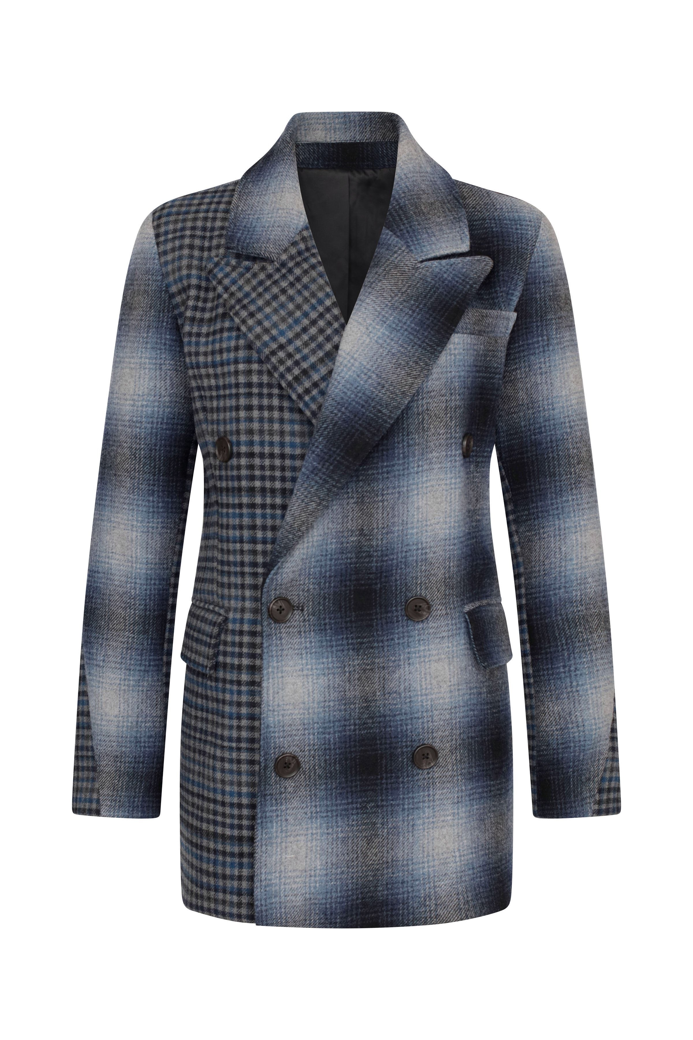 Mixed Plaid Wool Blend Blazer