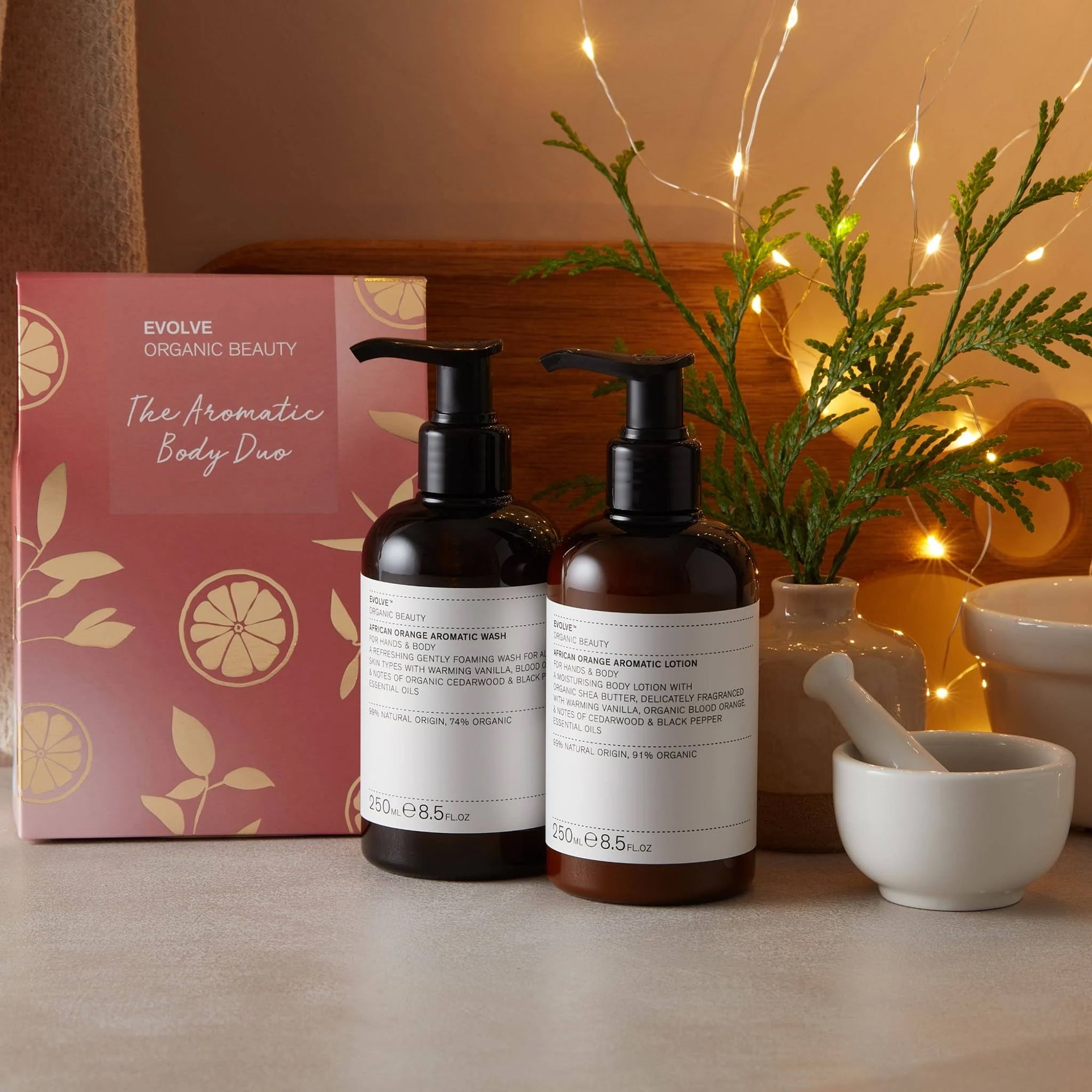 Das Aromatic Body Duo – Afrikanisches Orangen-Duschgel + Lotion Evolve Beauty Suisse