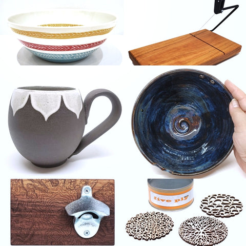 Compilation image depicting a striped bowl, wooden cheese slicer, dark brown mug, deep blue ceramic bowl, walnut wood bottle opener, and laser cut coasters