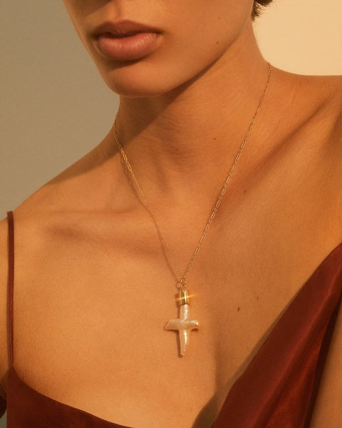 Pamela Love Pearl Cross Necklace