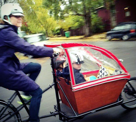 CETMA cargo bike, family bike for kid carrying, with rain canopy from BlaqPaks in Portland, OR.