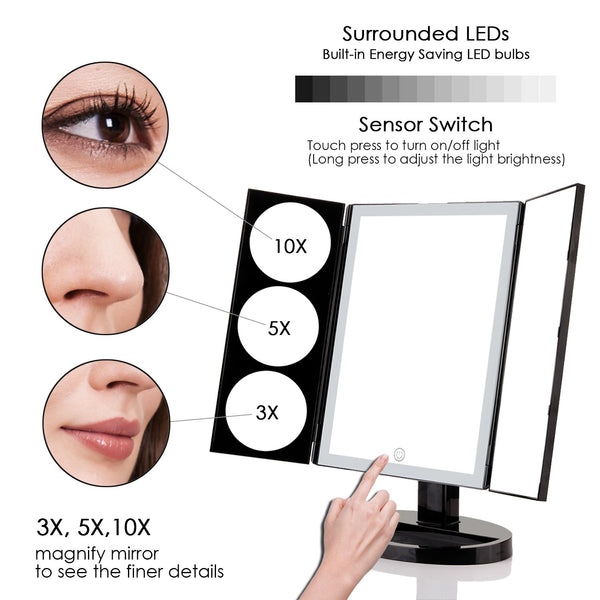 Large Lighted Trifold Vanity Makeup Mirror - 3X 5X 10X Magnification iMartCity beauty makeup mirror features led lights switch magnifying