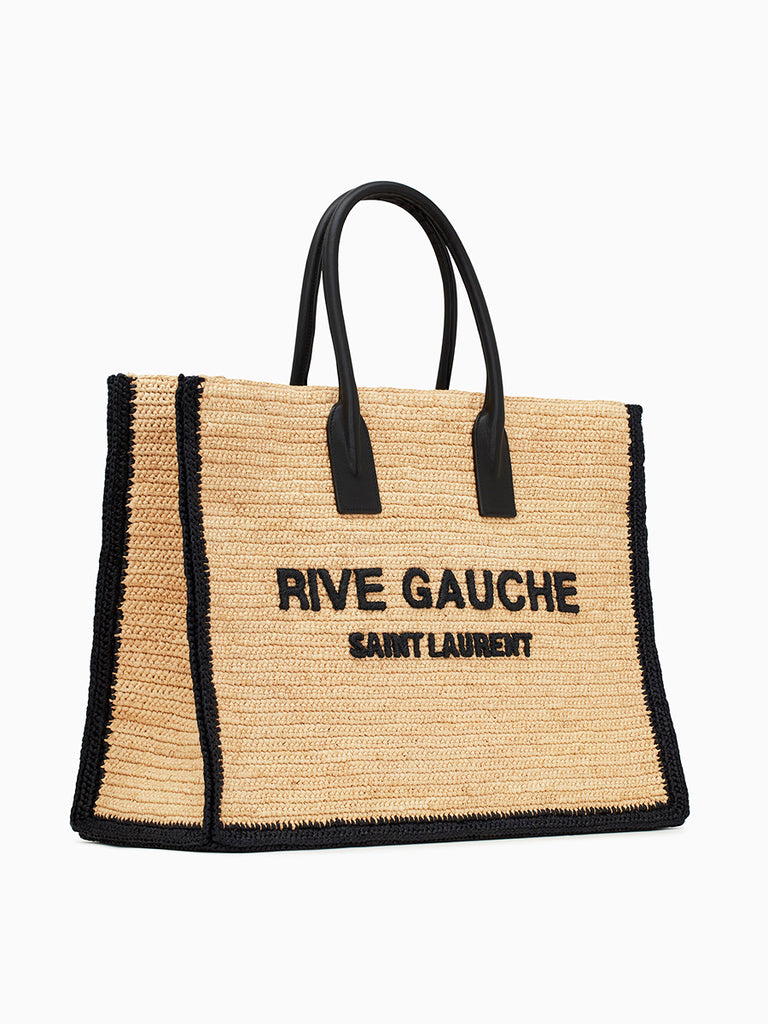 Rive gauche large tote bag in embroidered raffia and leather