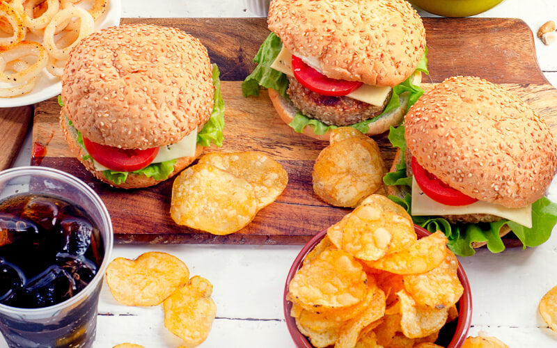 Burgers, chips, and soda