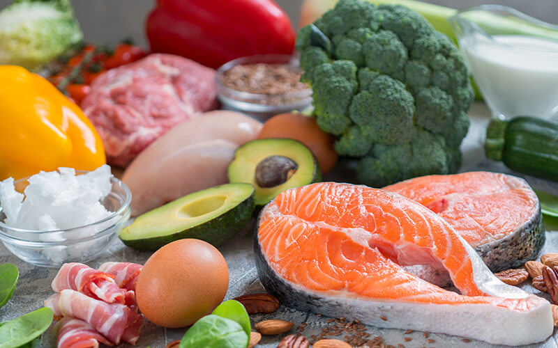 Foods for a keto diet: Salmon, avocado, eggs, meat, poultry, vegetables