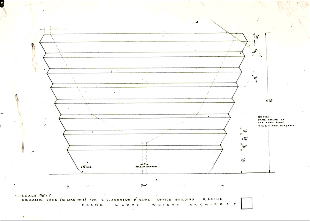 An archival drawing of Frank Lloyd Wright's original design plan for the Racine Planter