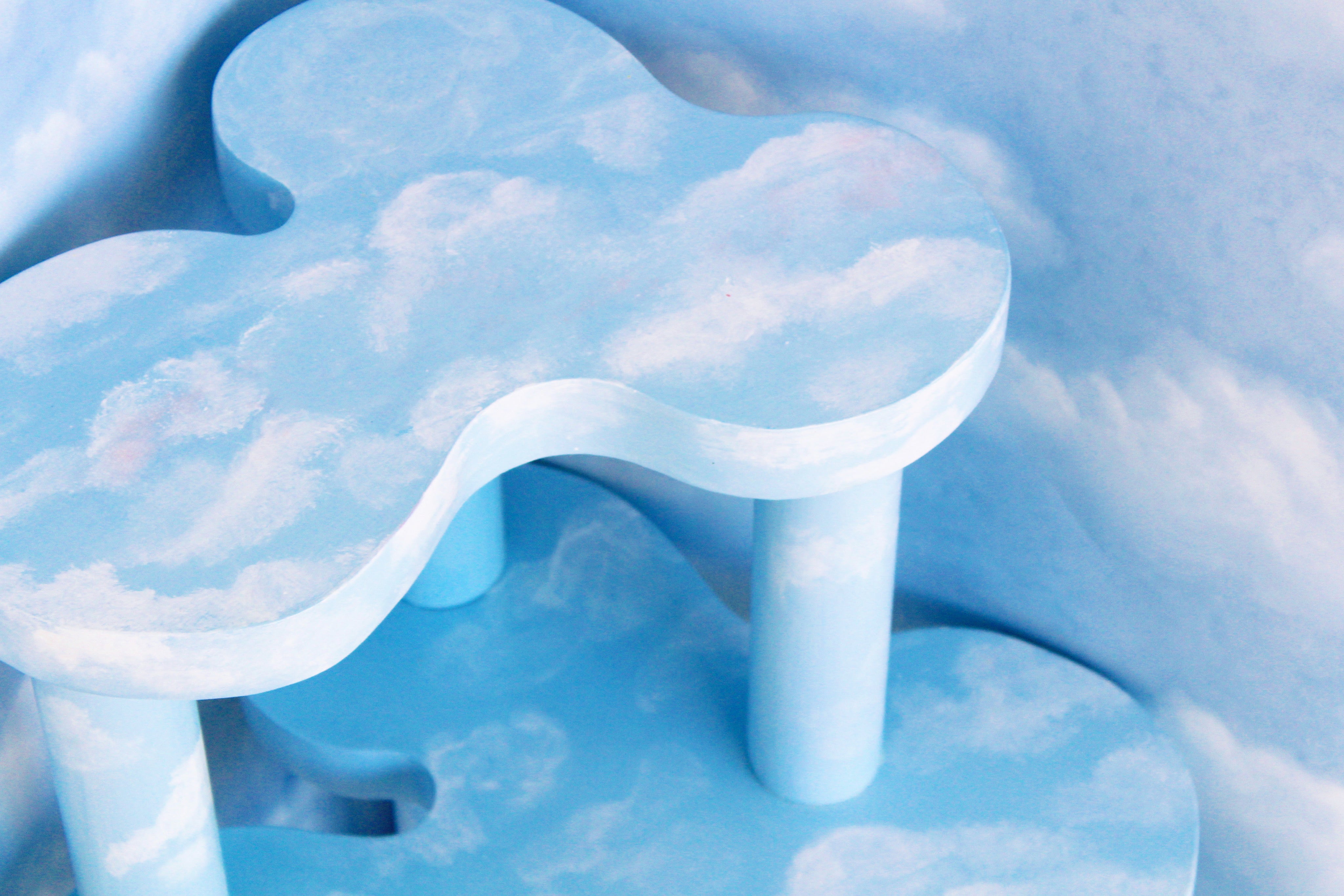 Early Splat Side Tables painted with blue and white clouds. Designed by Sophie Collé.