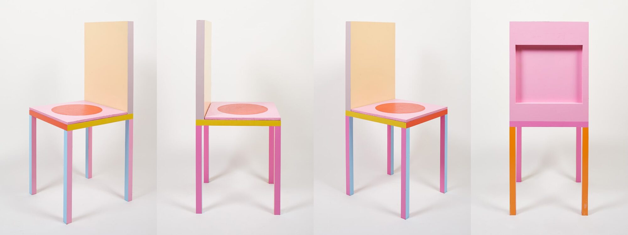 Yinka Ilori's 'Types of Happiness Chair' photographed from four different perspectives