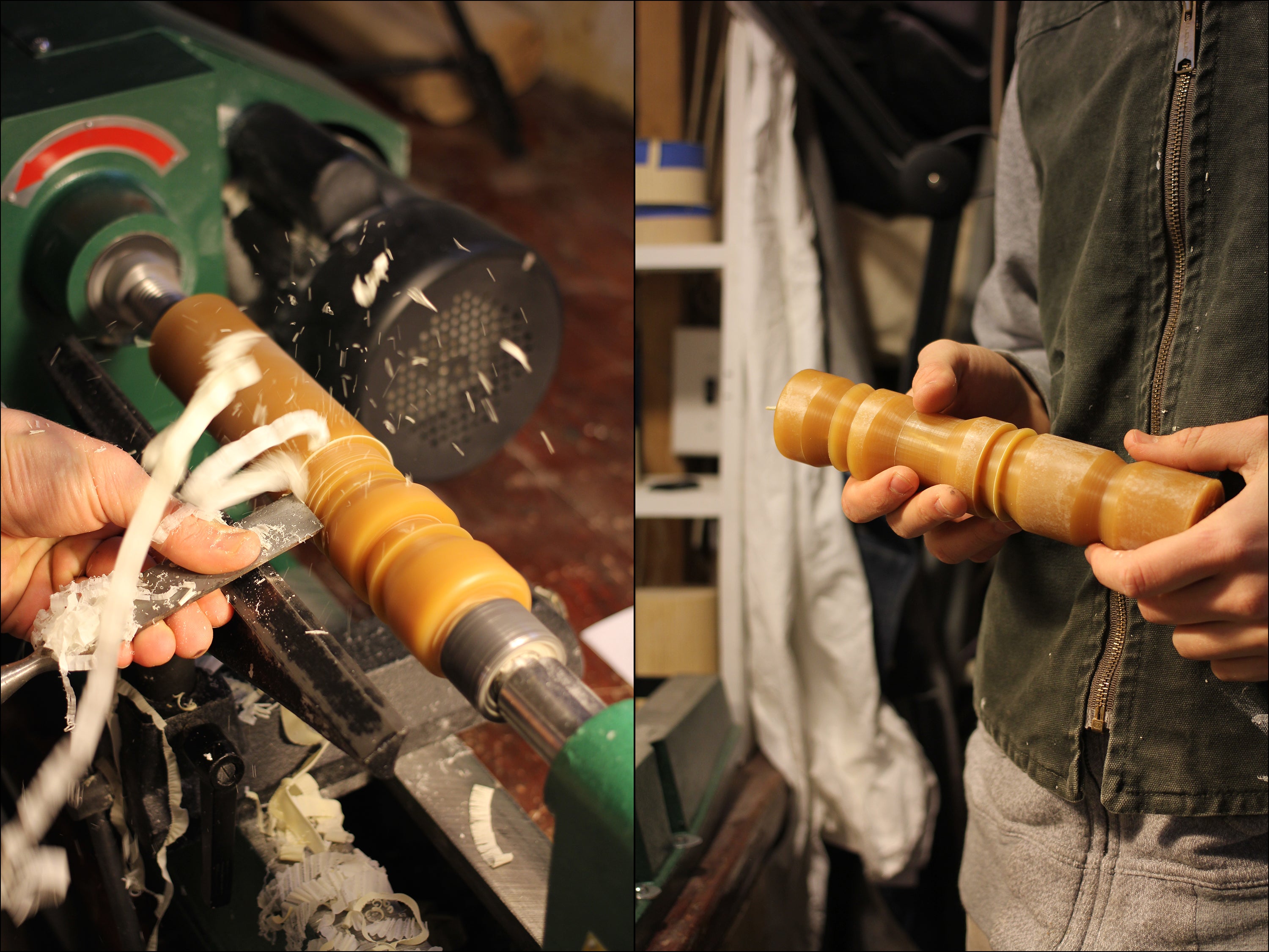 James cutting some of the first Totem Candles on a lathe. Photo: Ben Blood