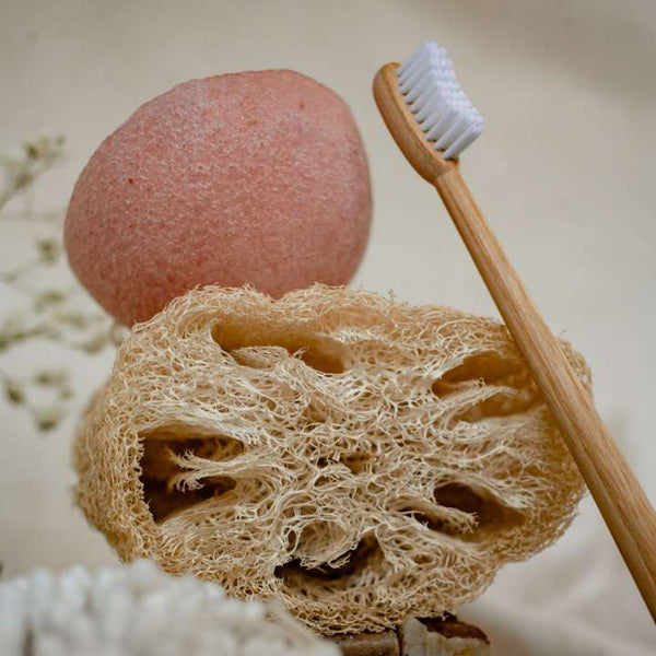 Loofah and brush with a linen fabric background.