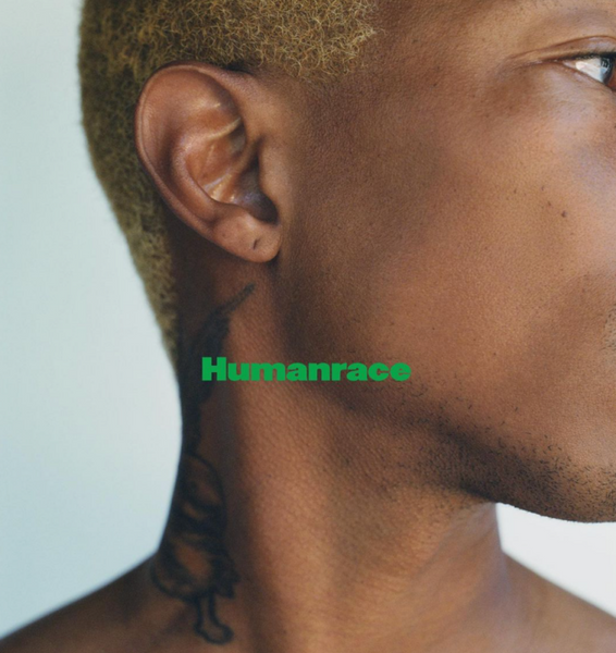Pharrell Williams close-up face with Humanrace logo.