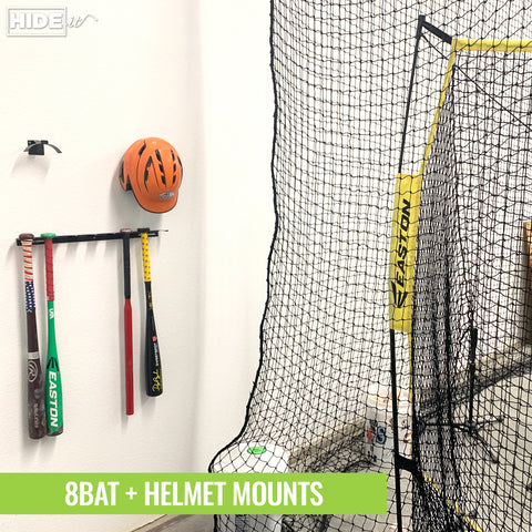 HIDEit 8Bat Universal Baseball Bat Mount with Universal Helmet Mounts wall mounted in garage.