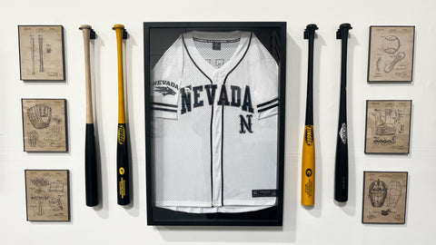 HIDEit Mounts Man Cave baseball gear display.