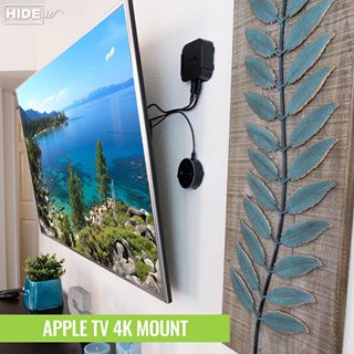 Apple TV and Echo wall mounted behind wall-mounted TV using HIDEit Mounts custom wall mounts