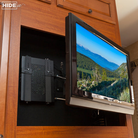 HIDEit Mounts Universal Mount behind TV in an RV to save space