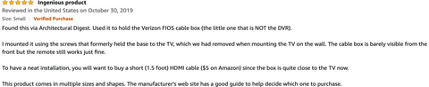 Amazon review for HIDEit Mounts talking about installation of the wall mount and how remote still works
