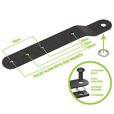 HIDEit Universal VESA Adapter Bracket size chart and hardware