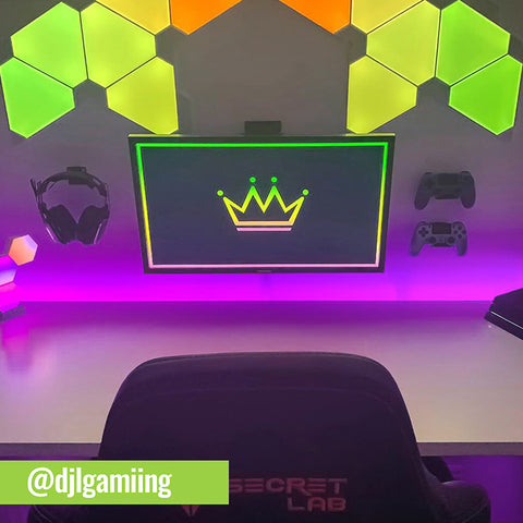 Gaming setup using two HIDEit Uni-C controller mounts and Uni-H headset wall mount