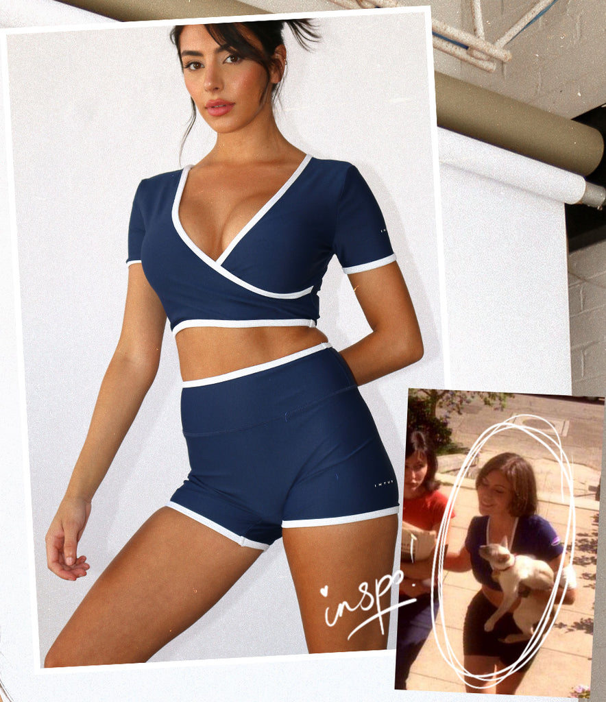Inspired by Alyssa Milano in Charmed – Kristina in our new Athletica S3 Crop Tee and Booty Shorts in Navy