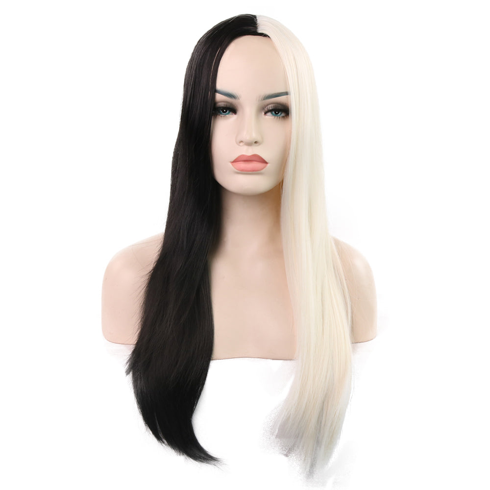 Black White Two Tone Middle Part Long Straight Hair Wig 26 Inch ...