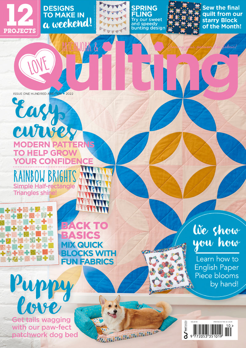 Love Patchwork and Quilting Magazine issue 110 cover featuring The Weekend Quilter Wendy Chow Block of the Month Setting Suns Project