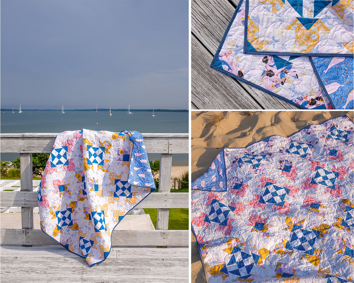 Build your no-waste flying geese, 8-in-1 half-square triangles and quick corner units skills with this free Ocean Gems quilt pattern by The Weekend Quilter for Paintbrush Studio Fabrics featuring Mable Tan Design’s Under the Sea fabric collection. #freequiltpattern 