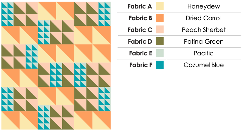 The Weekend Quilter Triangle Multiplier Half-square triangle Quilt Pattern in Baby and Throw sizes Colour Inspiration SUnset Meadow