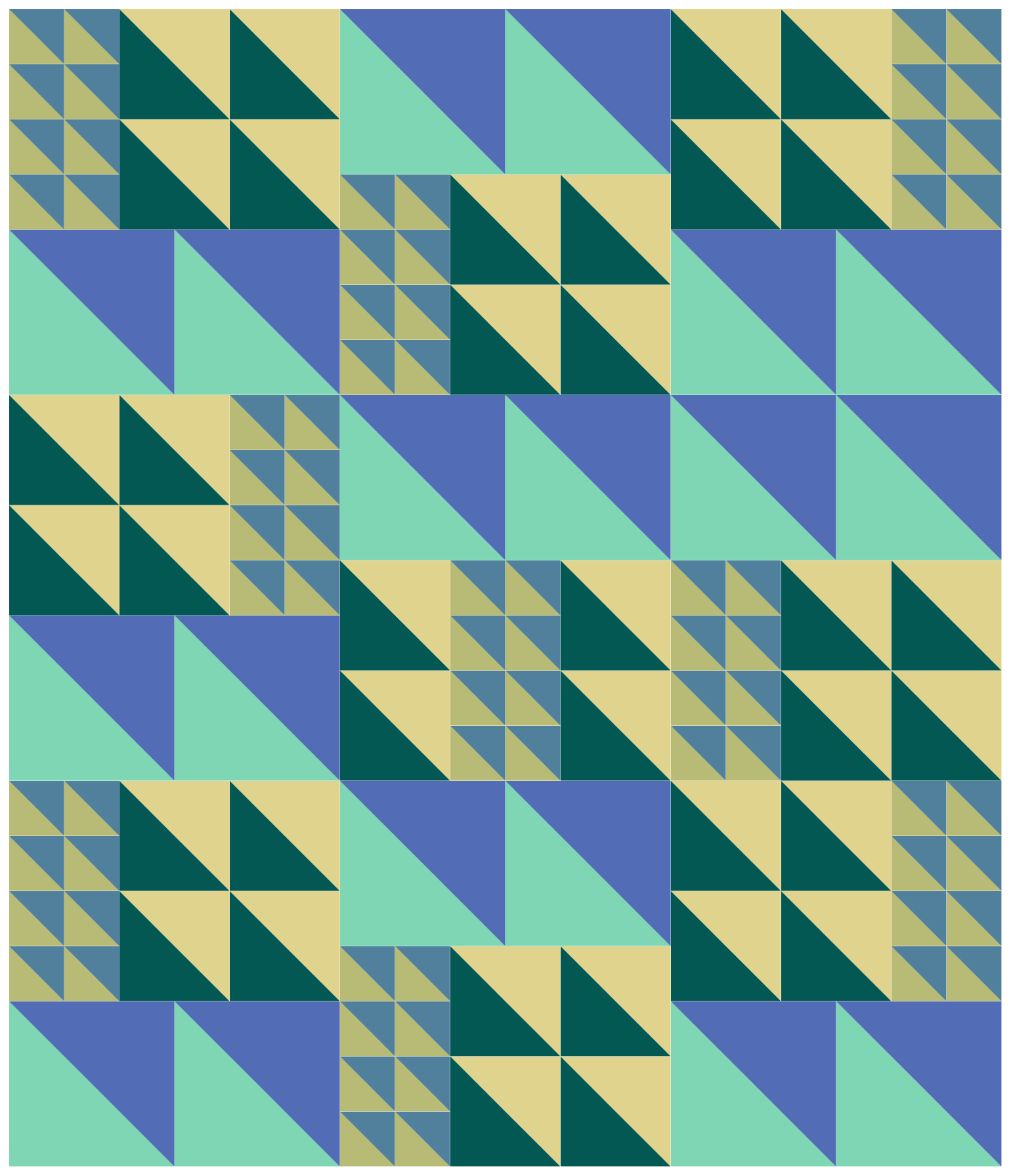The Weekend Quilter Triangle Multiplier Half-square triangle Quilt Pattern in Baby and Throw sizes Colour Inspiration Piney Lakes
