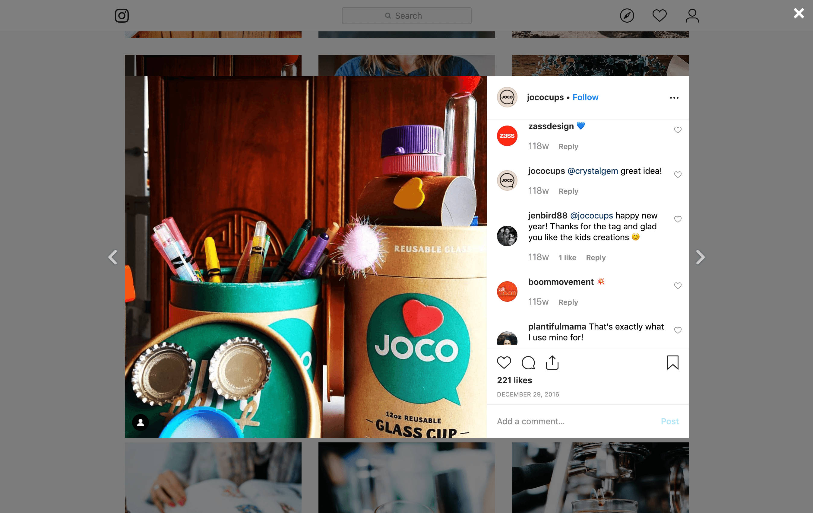 Screenshot of a Joco Instagram post showing upcycled packaging