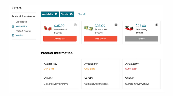 comparison page with three products comparing availability and vendor using filters