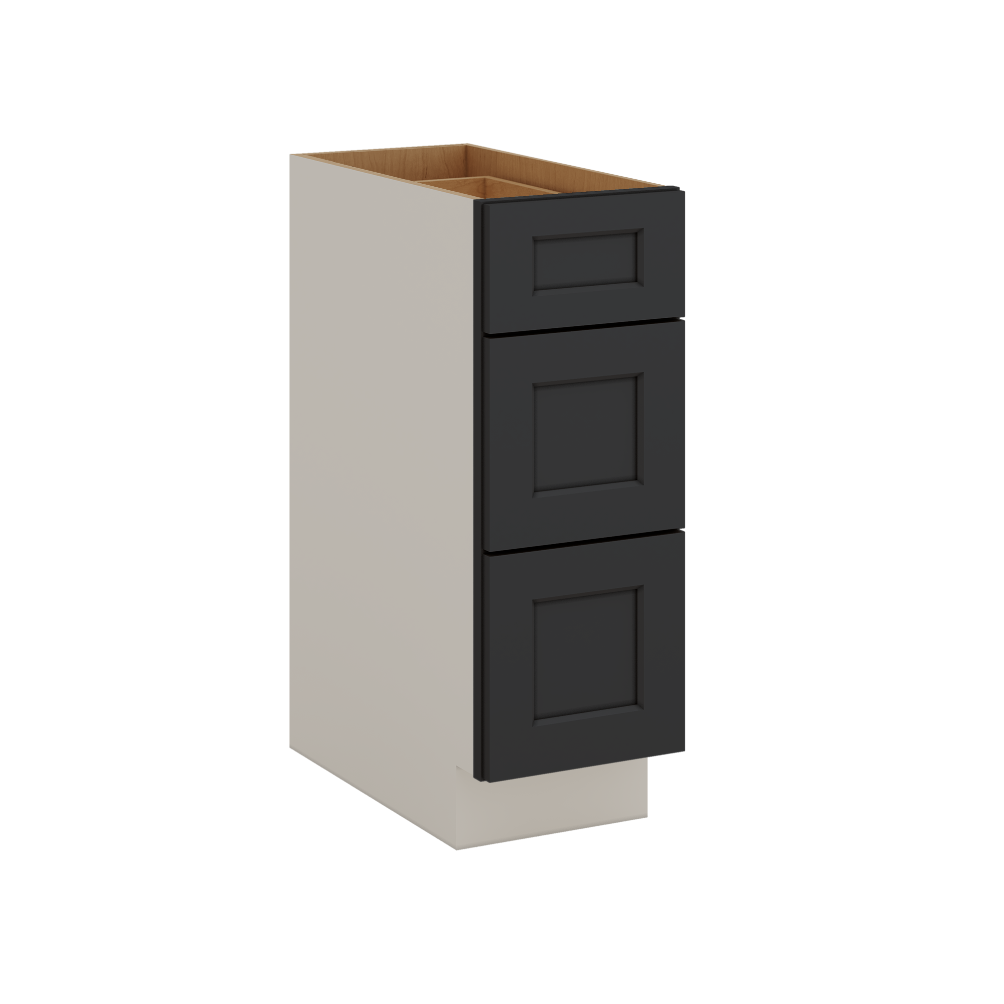 Three Drawer Base Cabinet 12", 15", 18", 21", 24", 30", 33" & 36" Wide Black Shaker 1-1/4" Overlay