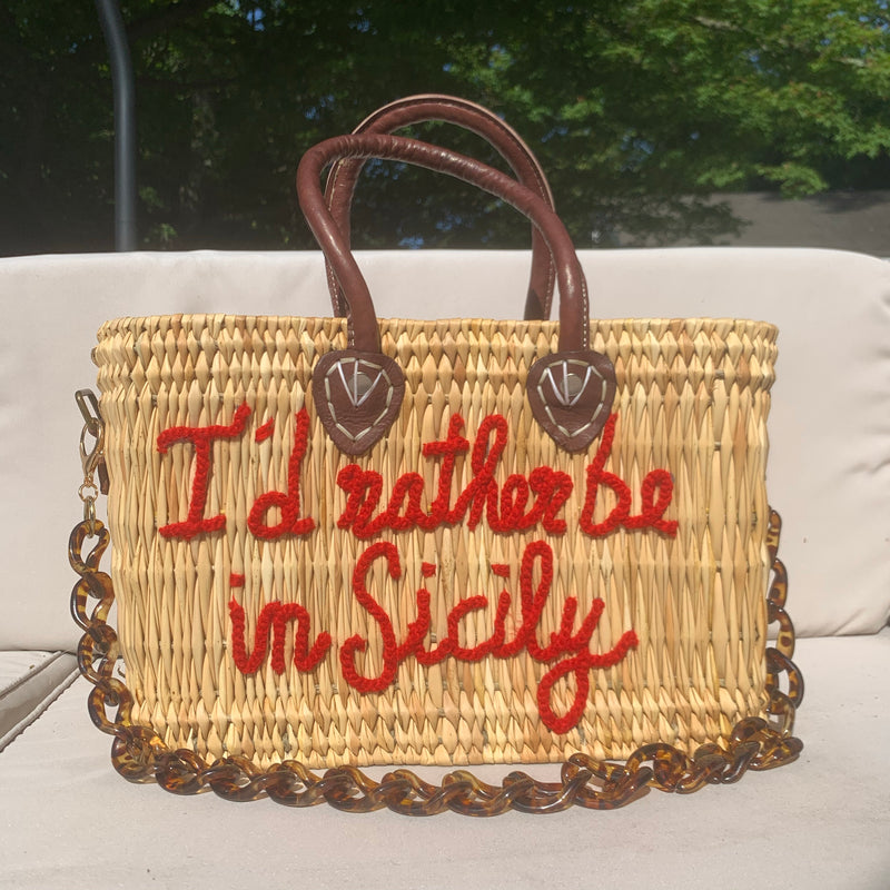 Lilliana I'd Rather Be In Sicily Leather Handle Reed Bag